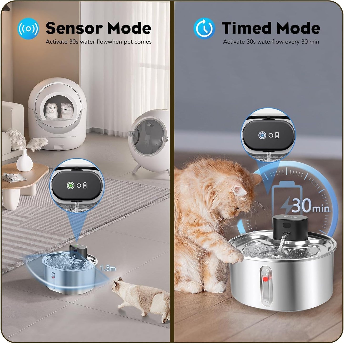 Stainless Steel Wireless Cat Water Fountain for Drinking, 3.2L