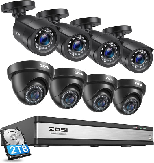 ZOSI H.265+ 1080p 16 Channel Security Camera System,16 Channel DVR with Hard Drive 2TB and 8 x Outdoor Indoor CCTV Bullet Cameras 1080p with Long Night Vision and 110° Wide Angle