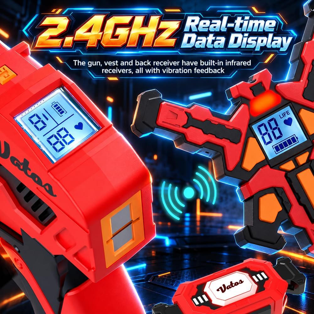 VATOS Rechargeable Laser Tag Set for 4 Players - 360° Combat, 2.4GHz Real-time Data Sync, Night Ready & 5 Weapon Modes - 4 Guns 4 Vests 4 Rear Receivers - Birthday Gifts for Kids Teens
