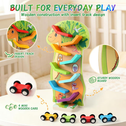 Dinosaur Wooden Car Ramp with 4 Mini Cars - Toys for 1 2 3 Year Olds Boys