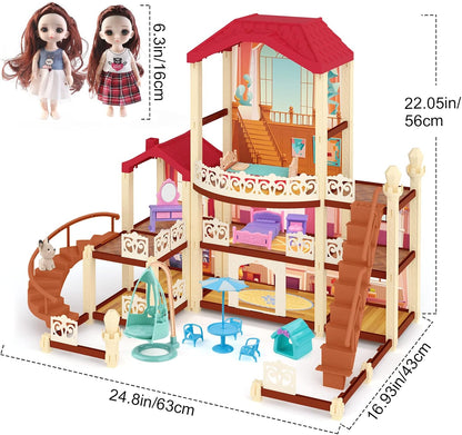 3 Story Castle Dolls House With 2 Dolls & Furniture Accessories