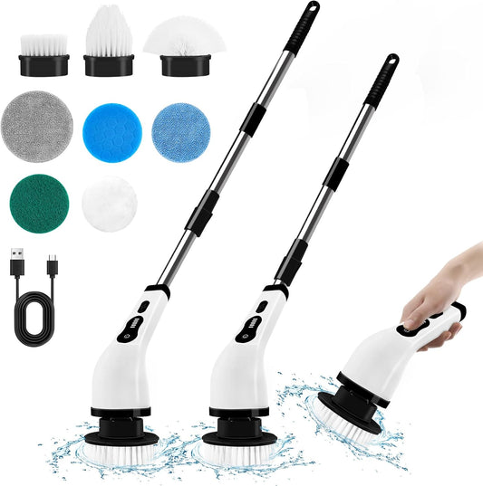 Newthinking electric spin scrubber for bathroom with multiple brush heads and adjustable handle