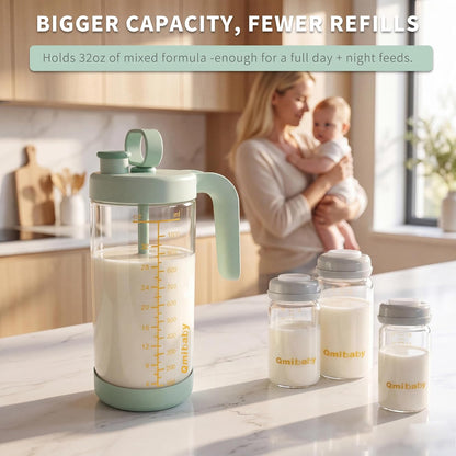 Borosilicate Glass Formula Mixing Pitcher – 32oz Mixing Capacity, Dishwasher-Safe, BPA-Free Lid, Perfect for Breastmilk Pitcher Method & Multi-Baby Feeding Green