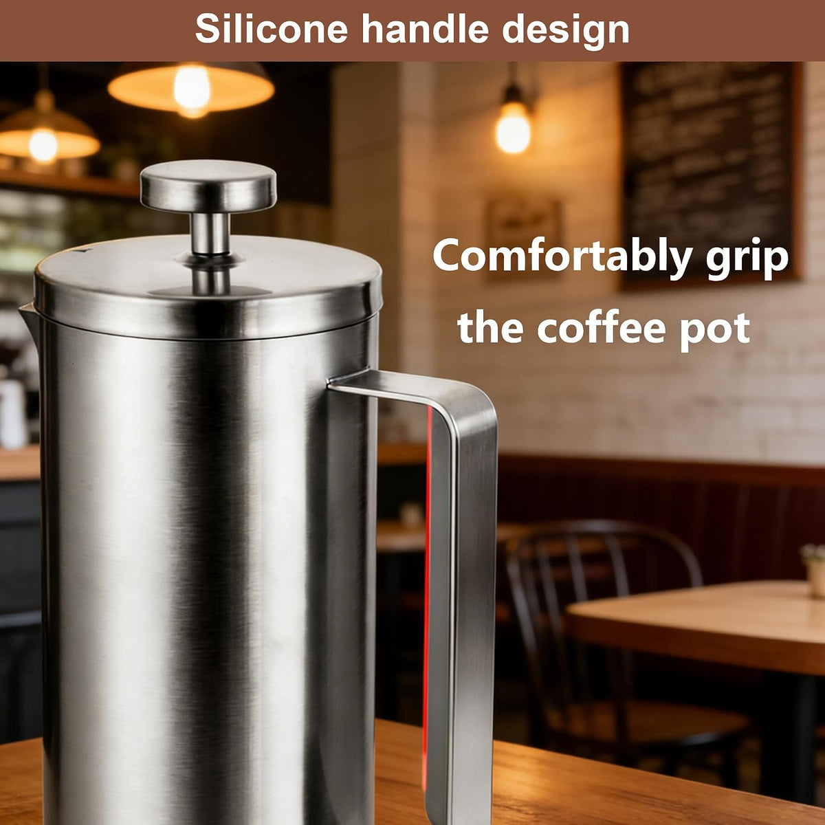 Cafetiere French Press Coffee Maker 600ml/20oz, 304 Double-Wall Insulated Stainless Steel, 3-Level Filtration System, Silicone Handle, Silver Matte, 2-4 Cup