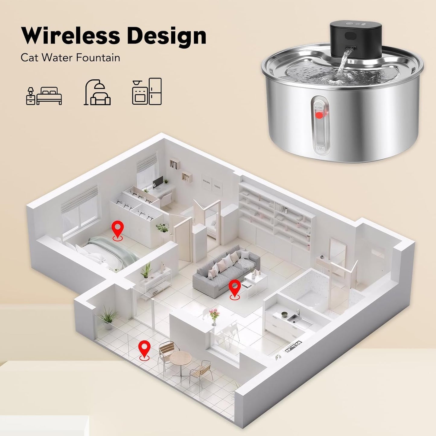 Stainless Steel Wireless Cat Water Fountain for Drinking, 3.2L
