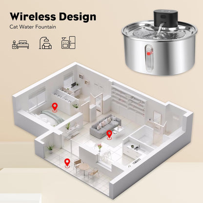 Stainless Steel Wireless Cat Water Fountain for Drinking, 3.2L