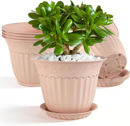 6 Pack 16.5cm Plant Pots, Plastic Planters with Drainage Holes and Saucers, Decorative Embossed Flower Pots for Indoor Outdoor House Plants Succulent Orchid Cactus Herb (Pink)