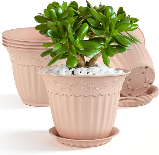 6 Pack 16.5cm Plant Pots, Plastic Planters with Drainage Holes and Saucers, Decorative Embossed Flower Pots for Indoor Outdoor House Plants Succulent Orchid Cactus Herb (Pink)