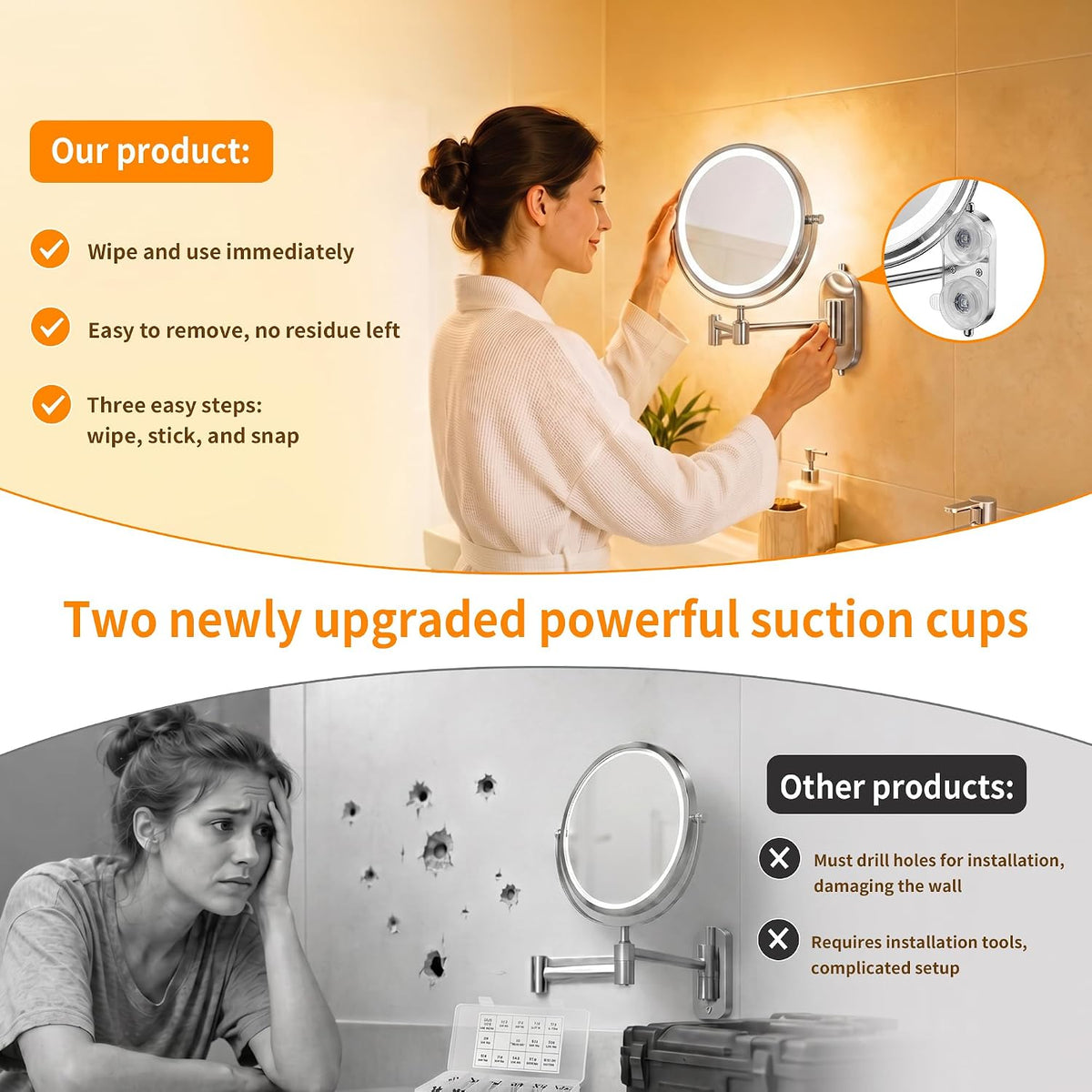 iCare 8'' Shaving Mirror Wall Mounted With Light - 1X/30X Magnifying Mirror