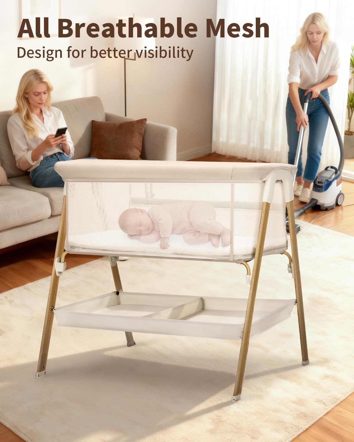 JevrJeur Baby Bassinet, Bedside Bassinet for Baby, Bassinet Bedside Sleeper with Mattress, Storage Basket and 4 Auto-Lock Wheels, Full-Mesh Sides, Bedside