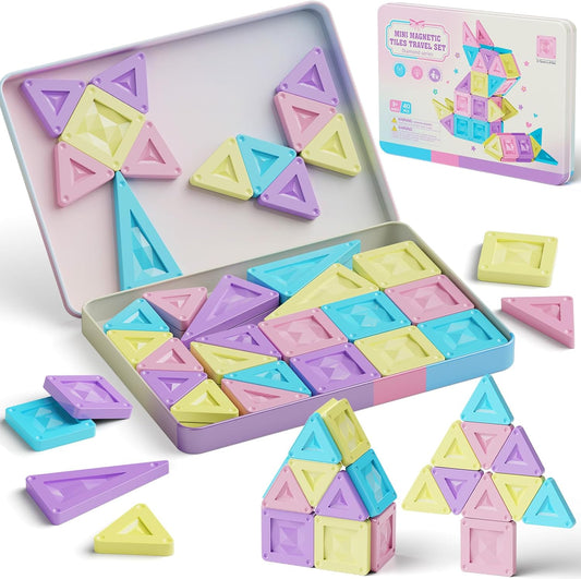 Travel Magnetic Tiles 40 Pcs for Girls, Lightweight Portable Tin Box with Macaron Colors Travel Toy Mini Magnetic Blocks for Car, Plane & Restaurant Play, Mess-Free Play for 3-6 Year Old