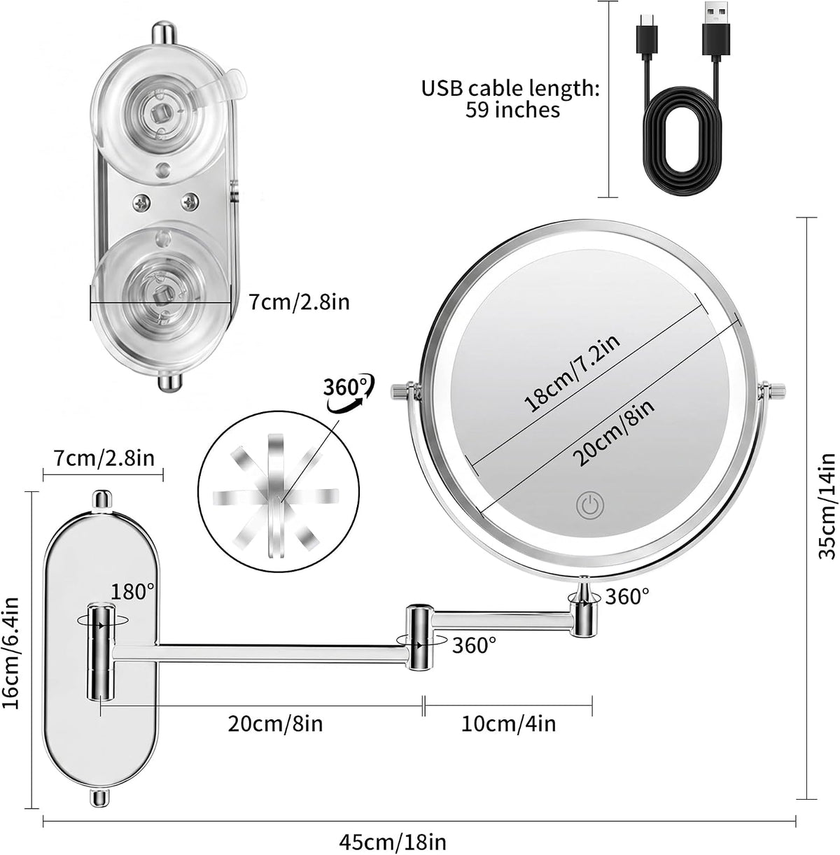 iCare 8'' Shaving Mirror Wall Mounted With Light - 1X/30X Magnifying Mirror