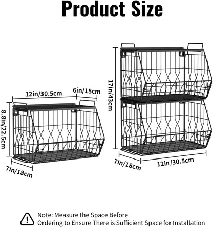 YSD 2-Tier Metal Storage Organizer Stackable Countertop & Wall Mount Shelf for Kitchen, Bathroom, Laundry - Hanging Fruit Basket, Vegetable Rack for Fruits, Veggies, Toiletries & Household Items