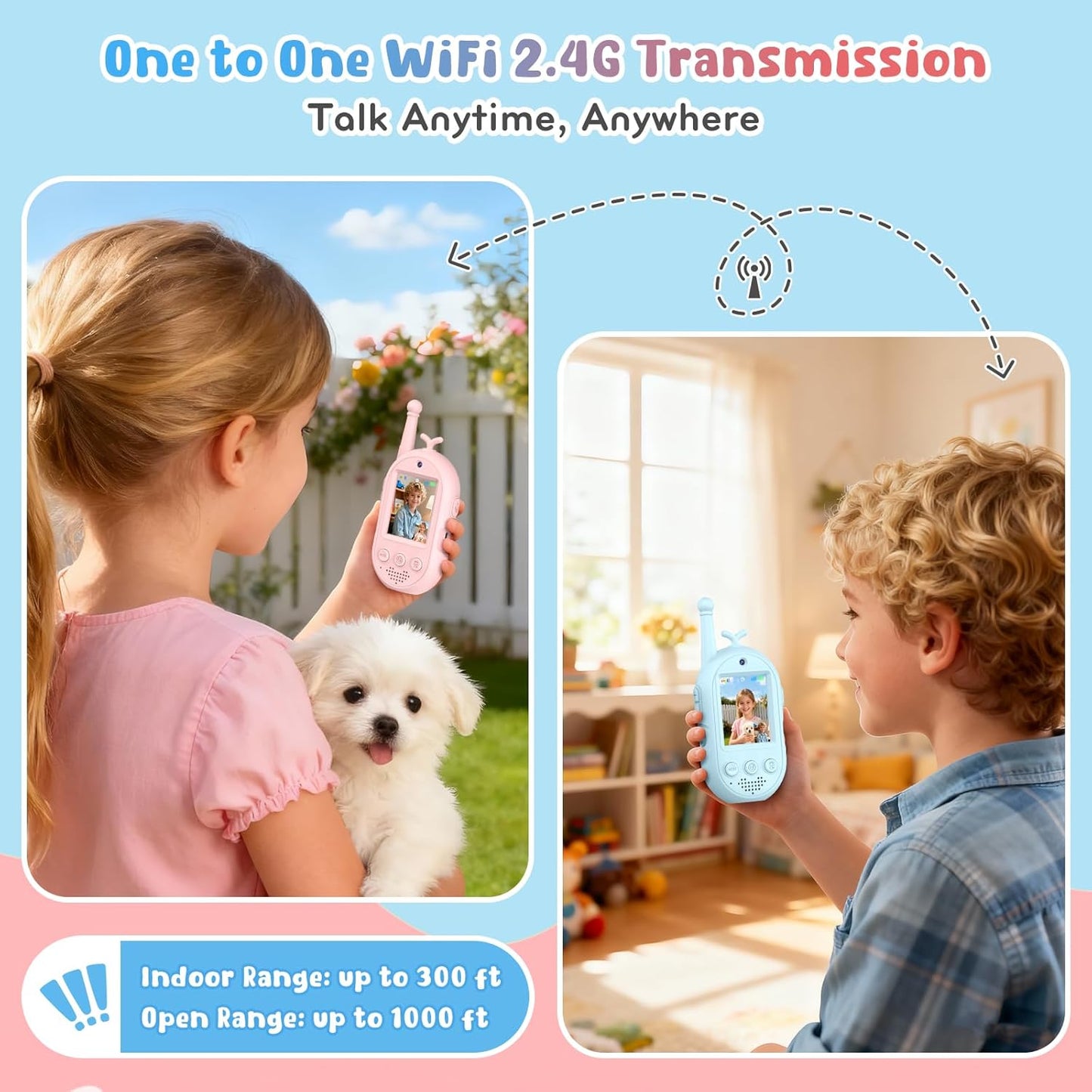 Kids Video Walkie Talkies 2 Pack, Rechargeable Walkie Talkies with Voice Changer & Sticker Effect, Long Range Video Intercom for Indoor Outdoor Games, Birthday Gifts for 3-10 Year Old Boys Girls