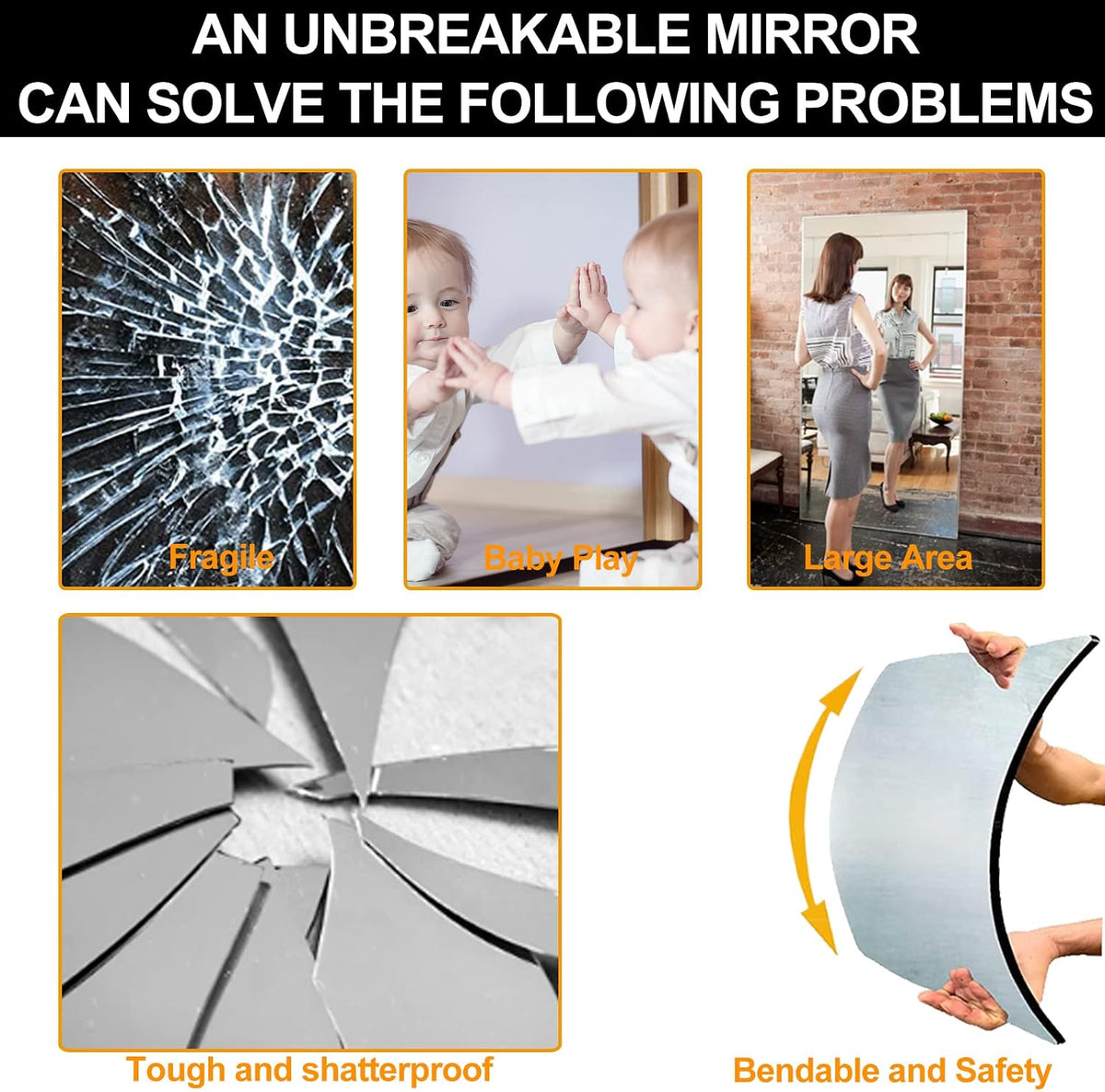 4 Pack 20x20cm Self Adhesive Mirror Tiles 2MM Thick Flexible Decorative Plastic Mirror Sheets Adhesive Mirror Stickers