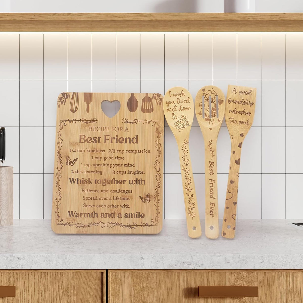 Chopping Board Set Kitchen Gift, Birthday Gifts for Sister, Unique Handmade Engraved Cutting Board with 3 Spoons