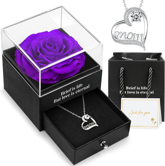 Preserved Real Rose with Mom Necklace