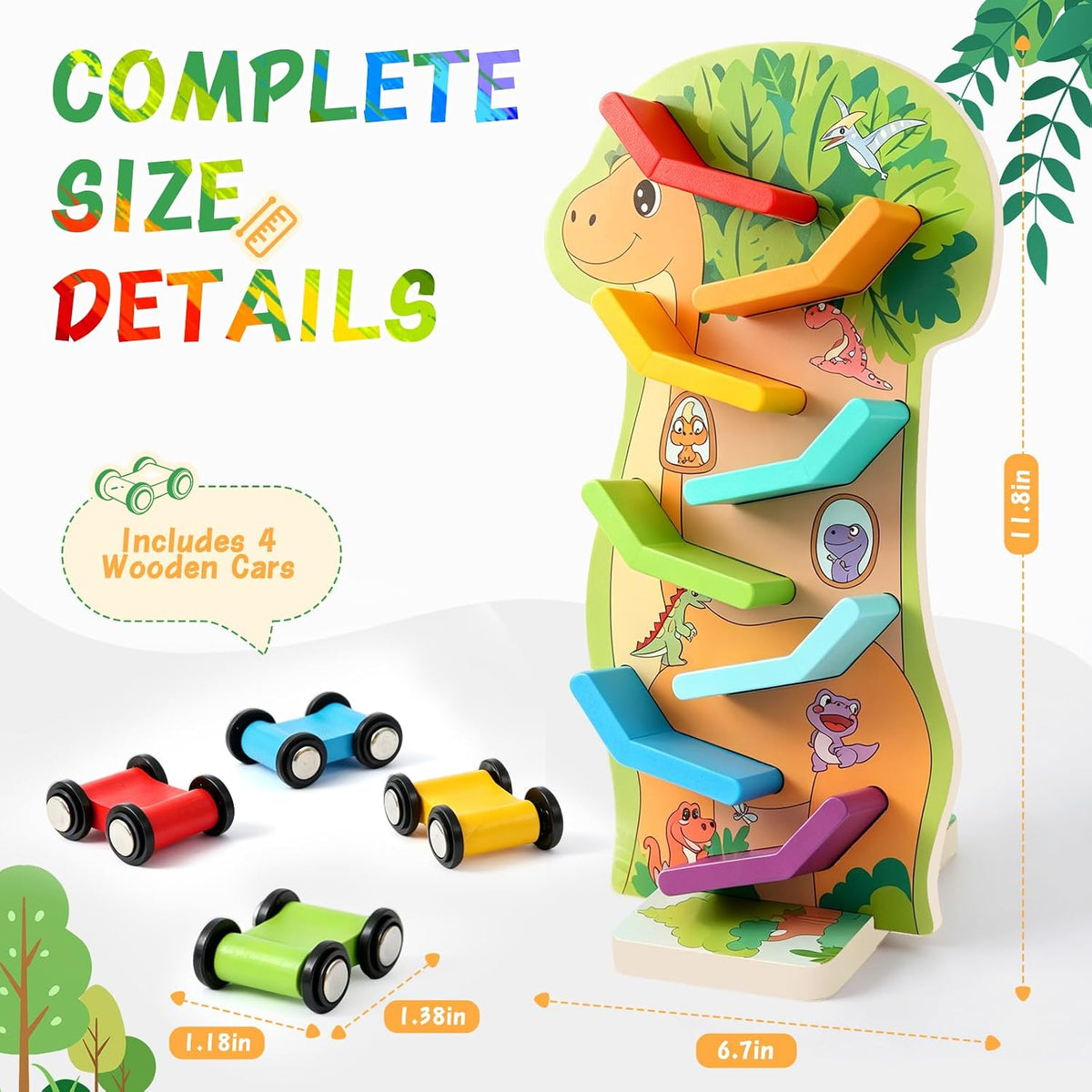 Dinosaur Wooden Car Ramp with 4 Mini Cars - Toys for 1 2 3 Year Olds Boys