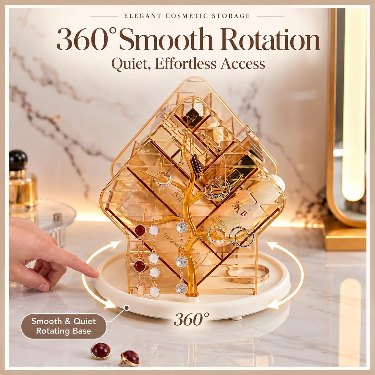 360° Rotating Makeup Organiser Jewellery Stand Amber Gold
