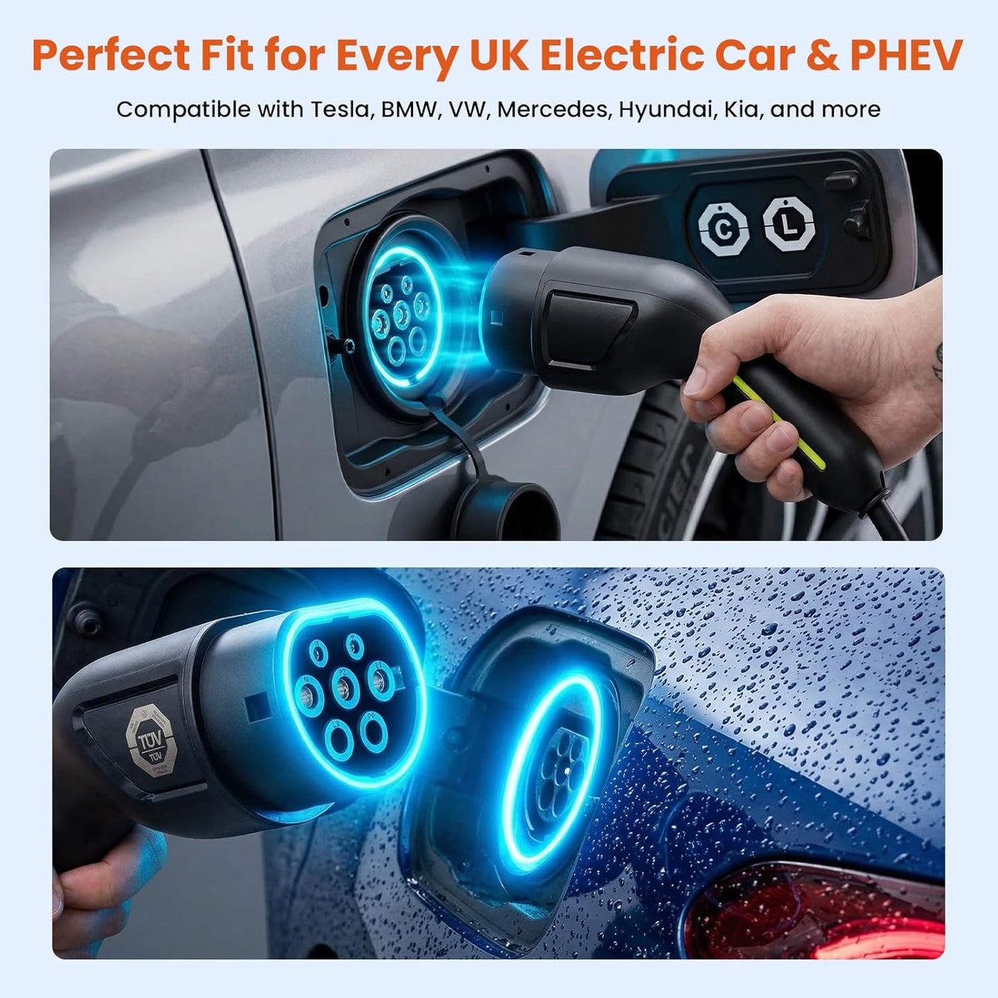 Portable EV Charger Type 2 to UK 3-Pin Plug, 3kW 13A Electric Vehicle Charging, Adjustable Current with Smart LCD Display & Delay Start, IP67 Waterproof, Compatible with Most car (5M)