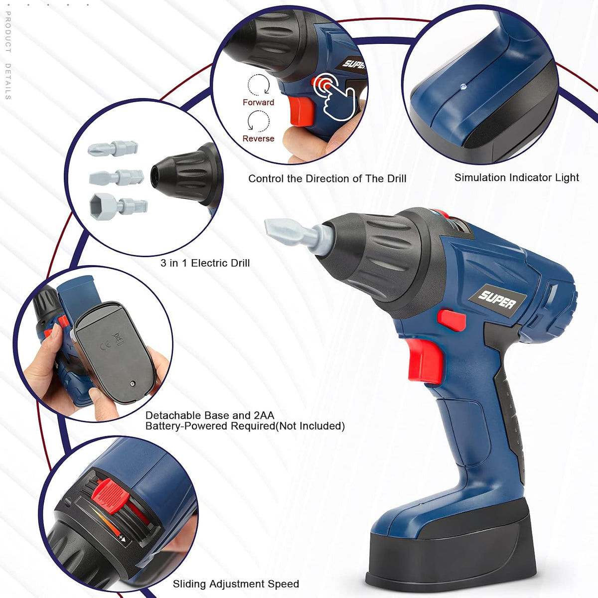 Vanplay Kids Toys Kids Tool Set Pretend Play Tools Kit with Electronic Toy Drill Tool Belt Toys for 3 4 5 6 Year Old Boys Girls (dark blue, 52 PCS)