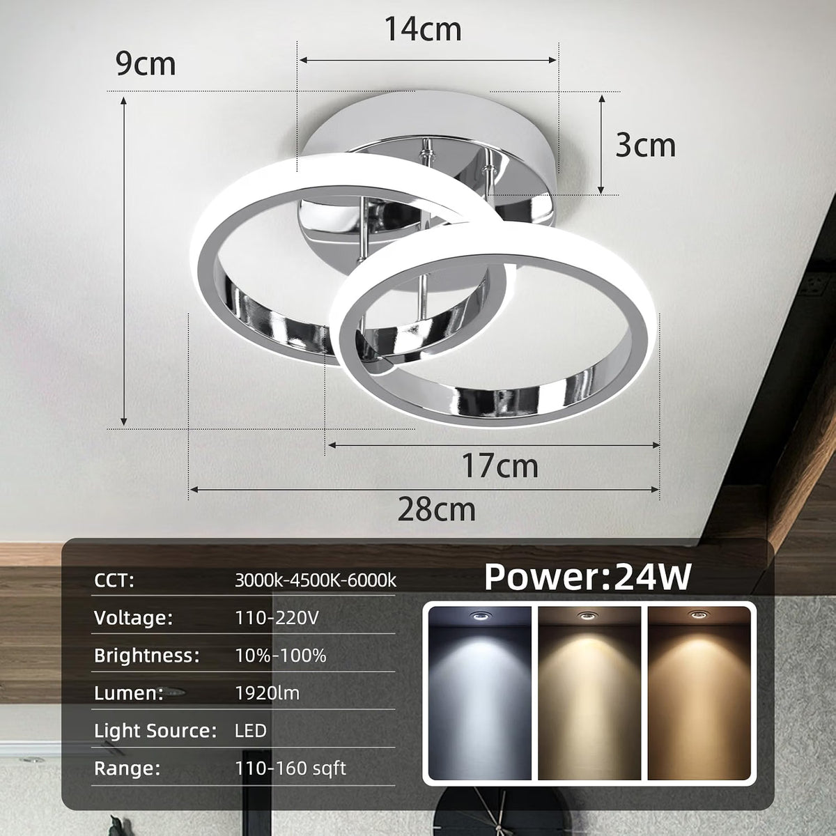 EIDISUNY Led Ceiling Light Dimmable 28cm Modern Round LED Ceiling Lamp with Remote Control, Ceiling Lighting Fixture for Kitchen Bedroom Living Room Hallway Office - 24W, Silver, 28cm, 3000K-6000K [Energy Class E]