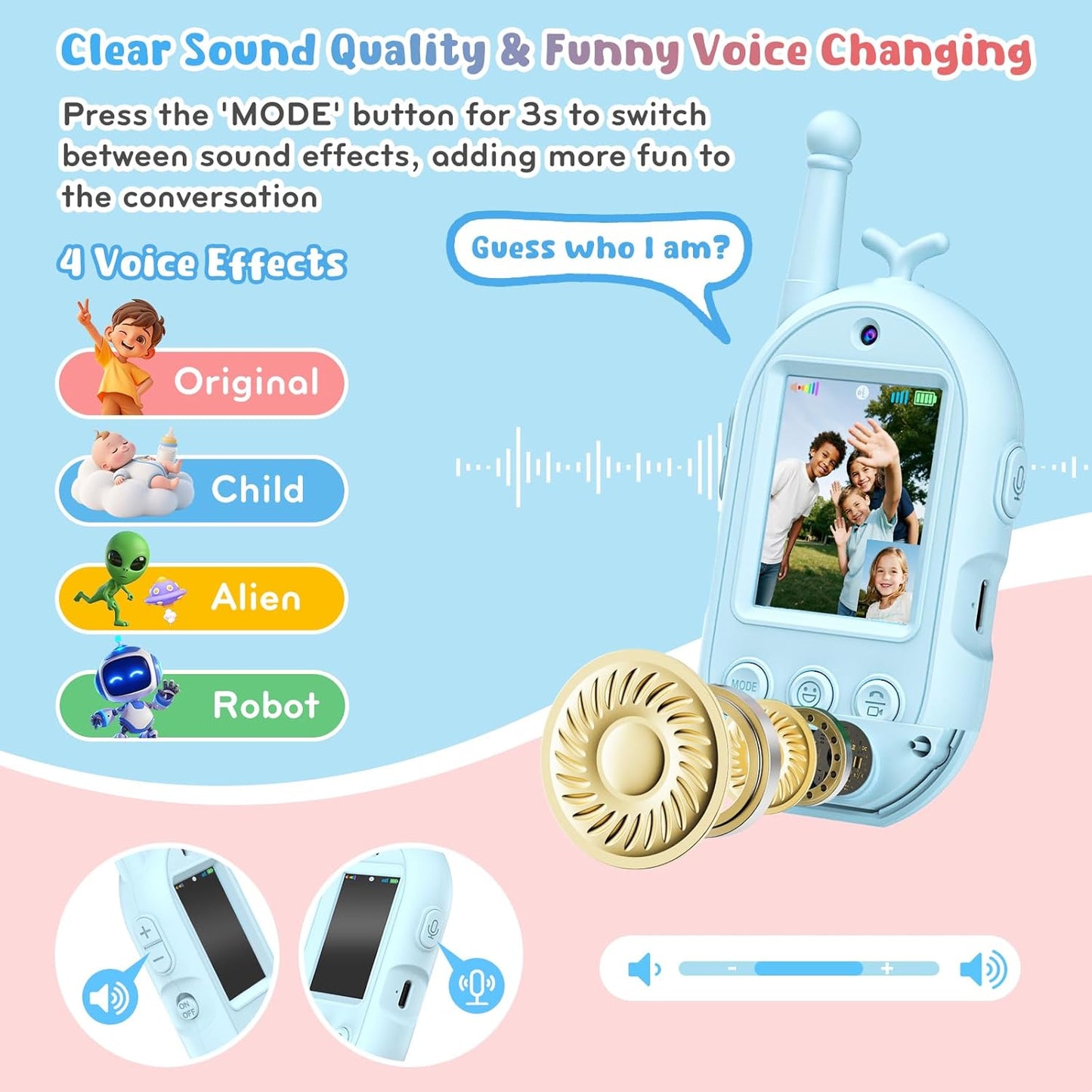 Kids Video Walkie Talkies 2 Pack, Rechargeable Walkie Talkies with Voice Changer & Sticker Effect, Long Range Video Intercom for Indoor Outdoor Games, Birthday Gifts for 3-10 Year Old Boys Girls