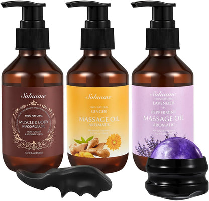 Body Massage Oil for Skin Moisturizing Soothing and Relaxing, 3 Pack Massage Oils with Massage Roller Ball and Thumb Saver Tool, Presents for Men and Women 150ml x 3
