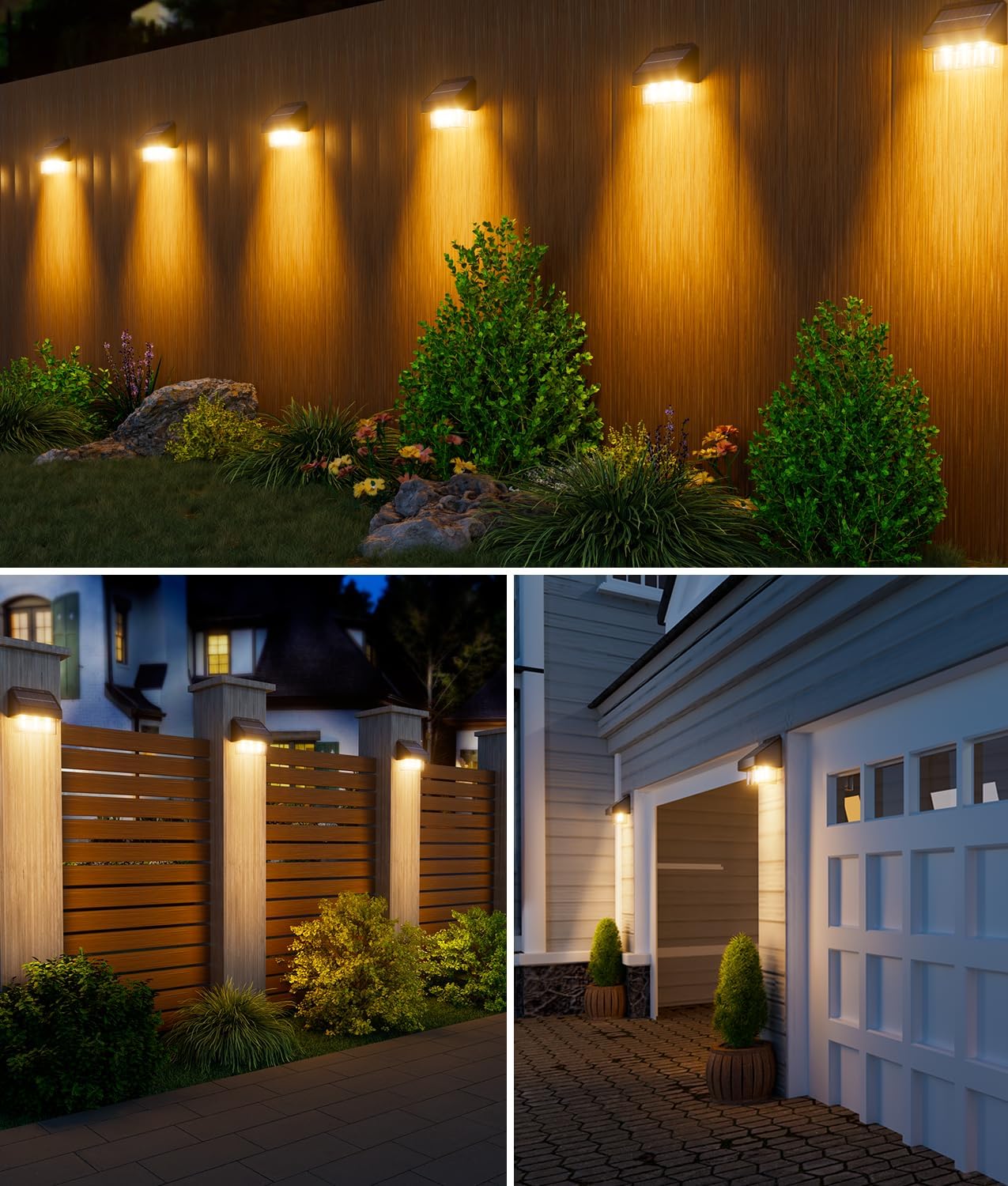 Solar Fence Lights Outdoor - 2 Pack, Garden Fence IP67 Waterproof, Warm White 3-Bulb Solar Wall Lights for Patio Decking & Yard Decoration