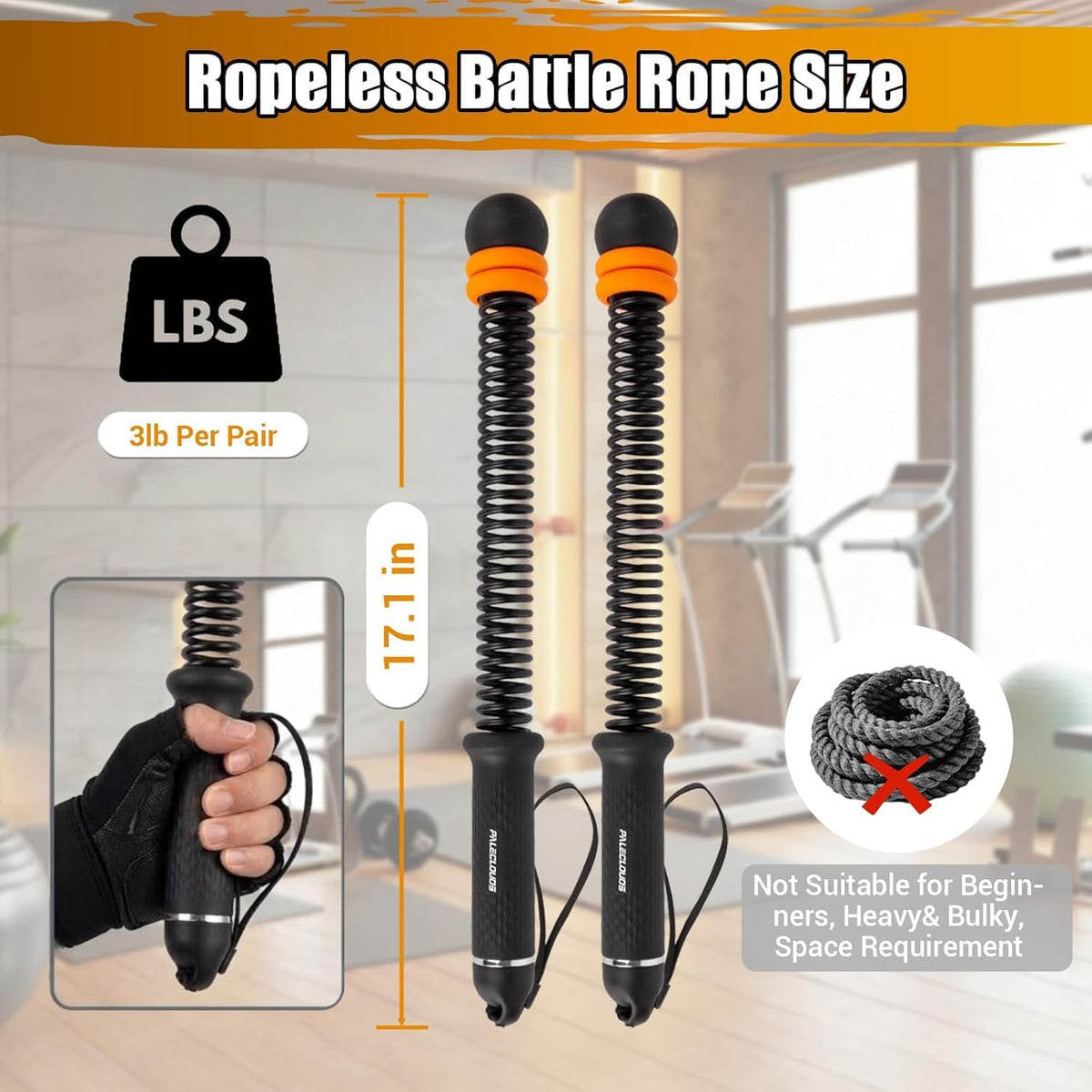 Weighted Ropeless Battle Ropes with Adjustable Resistance, Cordless Heavy Rope Simulator for Small Flats & Home Gym, Silent Indoor Workout Equipment for HIIT & Full Body Strength (Classic Black)