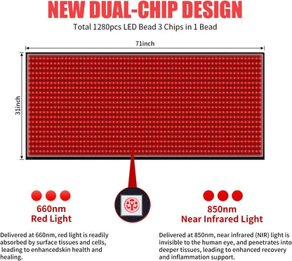 Red Light Therapy Mat,Red Light Therapy for Body Pain Relief 1280 PCS LEDs 71'' x 31'' Red Light Therapy Pad with Red Light and Infrared LED Beads Large Mat for Full Body Skin Health