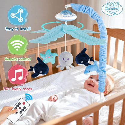 VZO Baby Cot Mobile, Crib Mobile with Music and Projection, Musical Cot Mobiles for Babies, Baby Nursery Cot Mobile Decor Blue