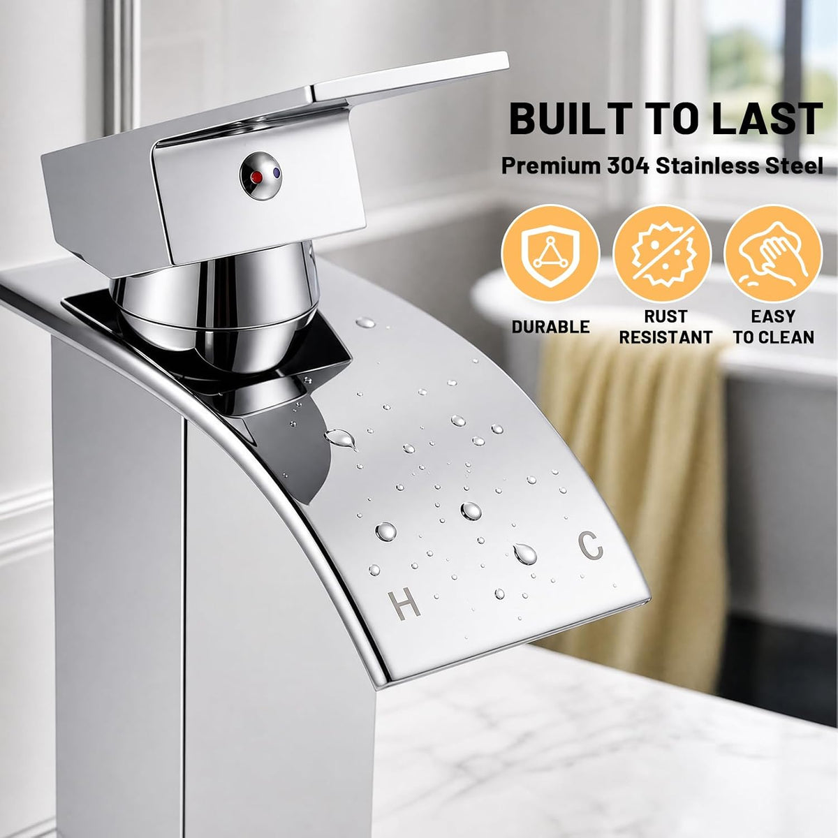 Waterfall Bathroom Basin Mixer Tap, 304 Stainless Steel with Pop-Up Waste
