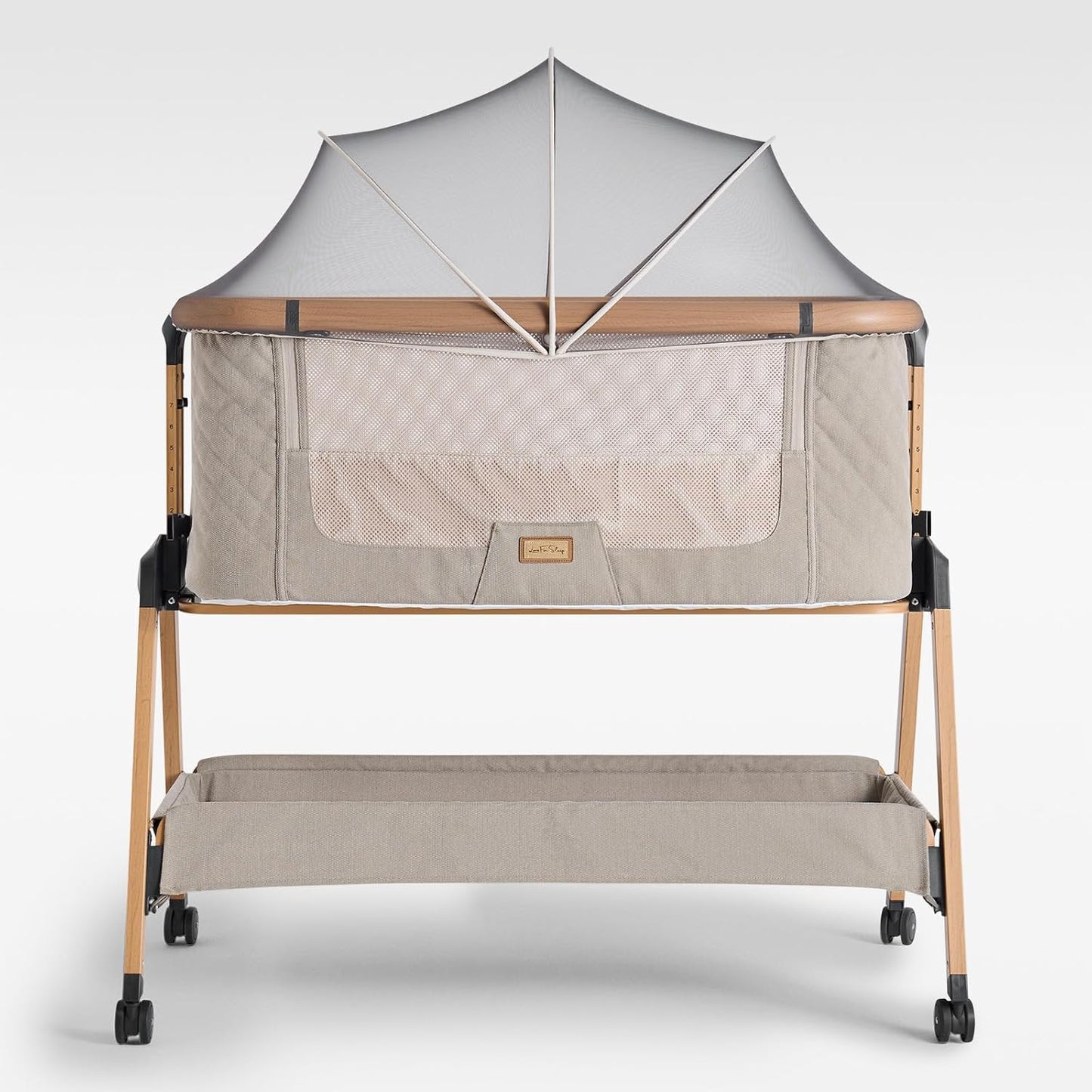 SnooBee Next To Me Bedside Crib & Baby Co-Sleeper – 6 Height Levels, Wheels, Quilted Mattress, Breathable Mesh Sides with Mosquito Net, Foldable Baby Cot with Carry Bag (0–6 Months) - Khaki/Pine
