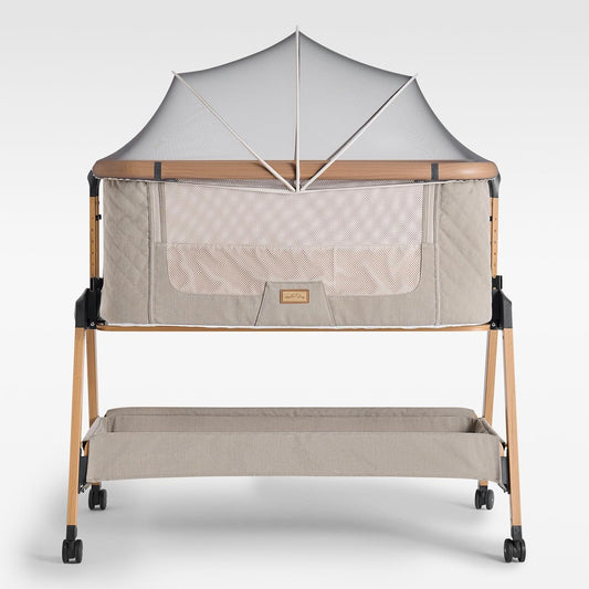 SnooBee Next To Me Bedside Crib & Baby Co-Sleeper – 6 Height Levels, Wheels, Quilted Mattress, Breathable Mesh Sides with Mosquito Net, Foldable Baby Cot with Carry Bag (0–6 Months) - Khaki/Pine