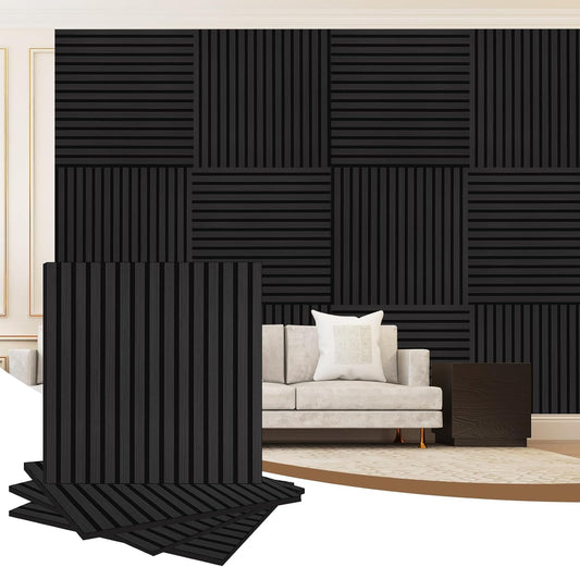 4 Pack Acoustic Wall Wood Panels - 600mm x 600mm 1.44 m²,3D Slat Wall Panelling for Wall and Ceiling,Sound Absorbing Wooden Wall Panels for Living Room,Bedroom,Office(Mirage Black 22#)