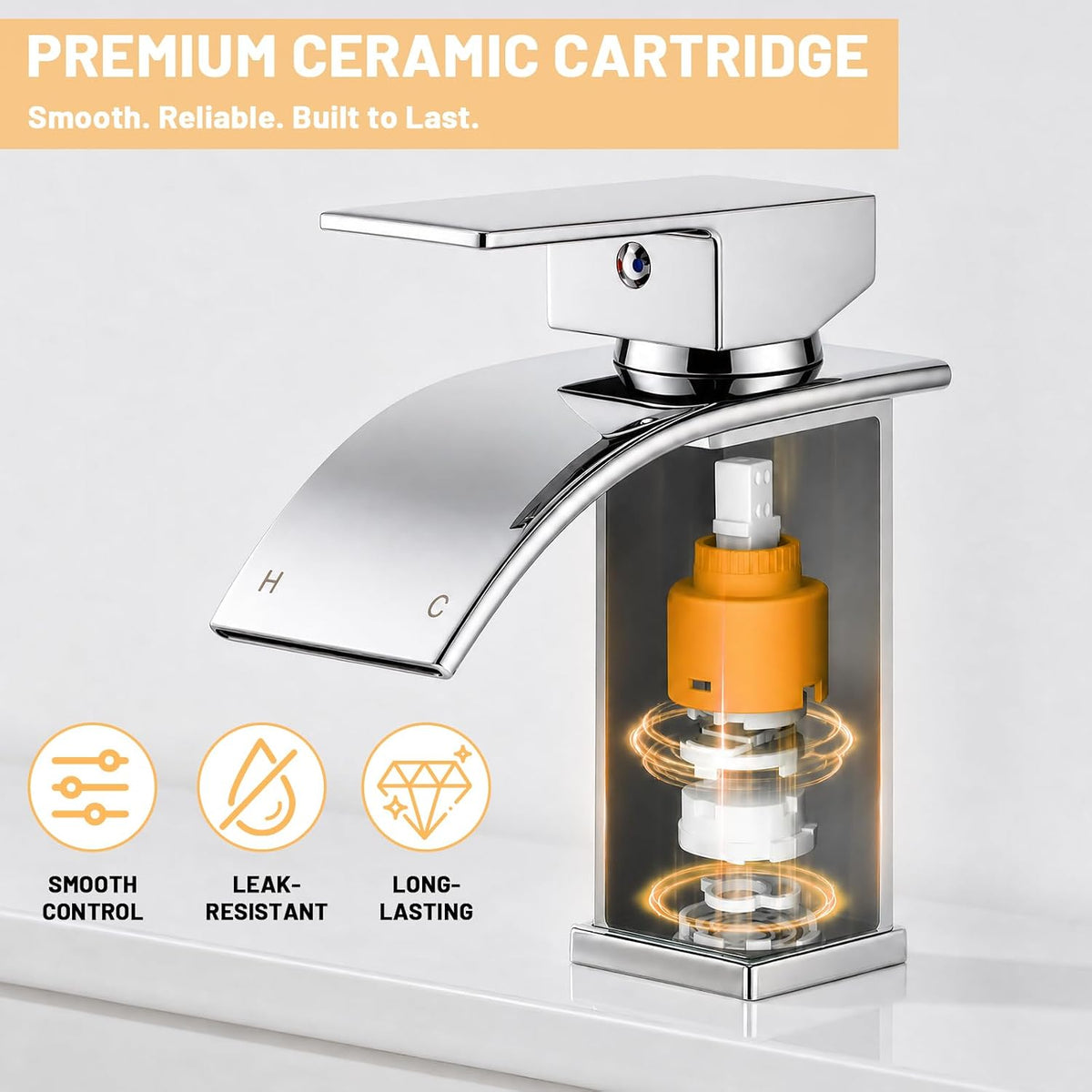Waterfall Bathroom Basin Mixer Tap, 304 Stainless Steel with Pop-Up Waste