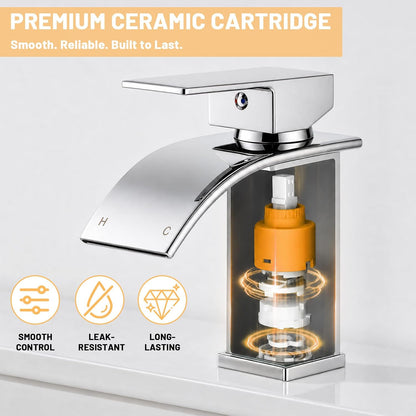 Waterfall Bathroom Basin Mixer Tap, 304 Stainless Steel with Pop-Up Waste