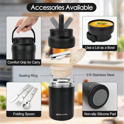 Food Flask, 600ml (21oz) 316 Stainless Steel Vacuum Insulated Food Container, Food Flasks for Hot/Cold Food, Leak Proof Soup Containers with Bag & Spoon (Black)