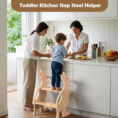 Wooden Toddler Step Stool for Bathroom Sink, Adjustable Height 2 in 1 Toddler Kitchen Stool Helper Tower with Safety Rail Toilet Potty Training Kids Learning Standing Tower for Kitchen Counter