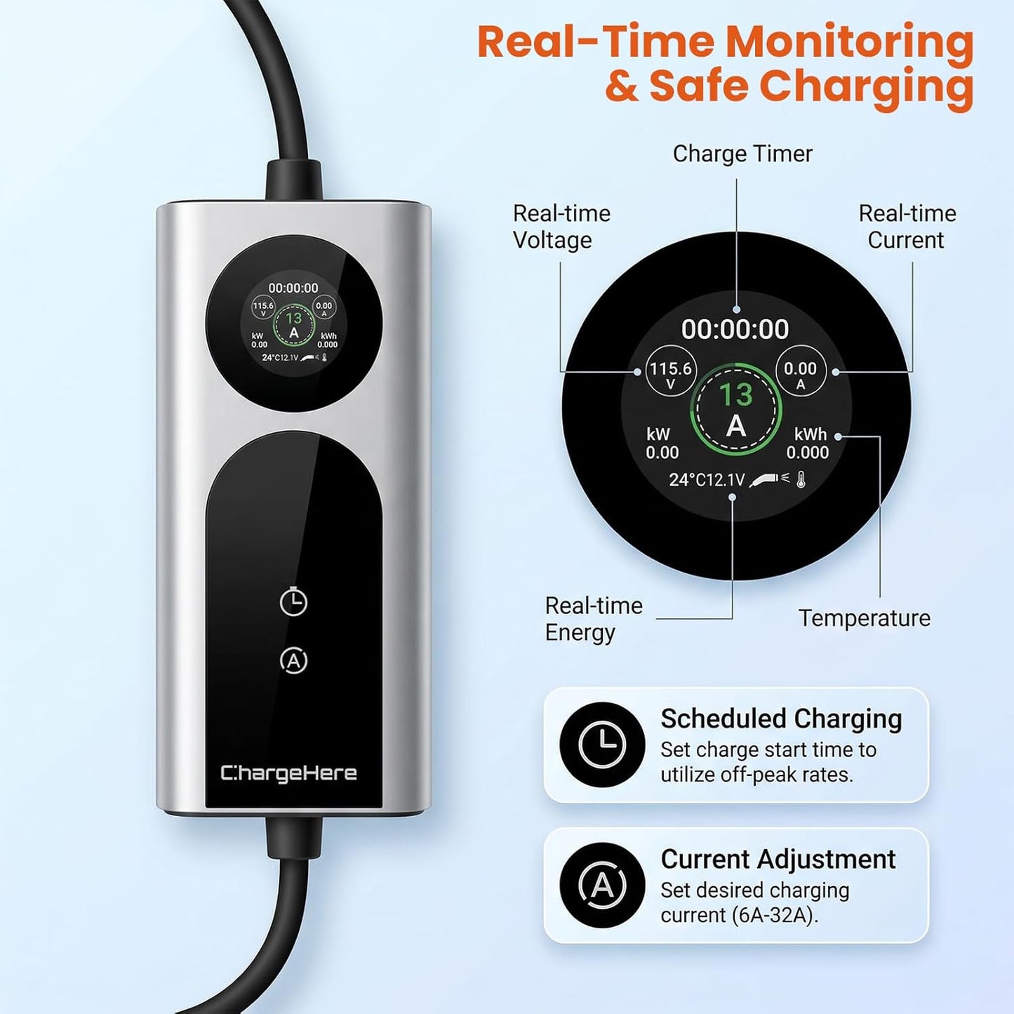 Portable EV Charger Type 2 to UK 3-Pin Plug, 3kW 13A Electric Vehicle Charging, Adjustable Current with Smart LCD Display & Delay Start, IP67 Waterproof, Compatible with Most car (5M)