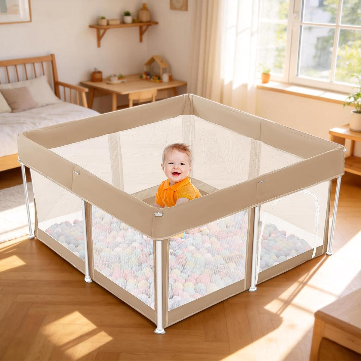 cosyumhy 127 x 127 cm Foldable Baby Playpen, Portable Playpen with Door, Indoor/Outdoor Activity Center for Infants,Khaki