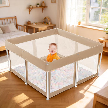 cosyumhy 127 x 127 cm Foldable Baby Playpen, Portable Playpen with Door, Indoor/Outdoor Activity Center for Infants,Khaki