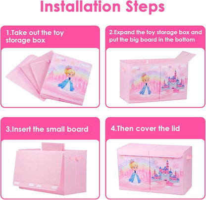 Princess Castle Kids Large Toy Storage Box with Lid, Foldable (65×30×40cm)