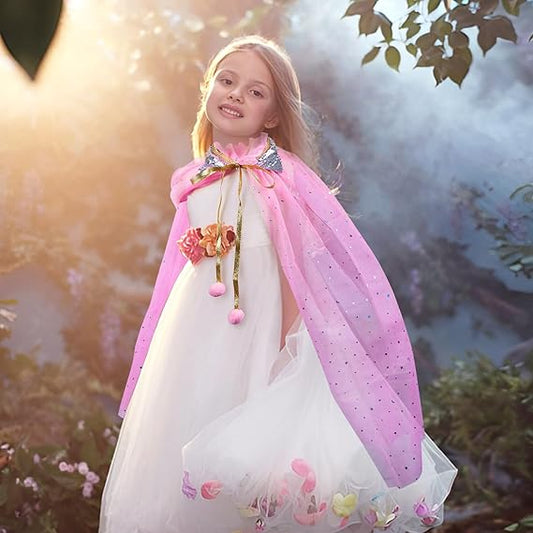 Princess Cloak Sparkling Sequins Tulle Princess Costumes for Girls with Crown Princess Fancy Dress Up