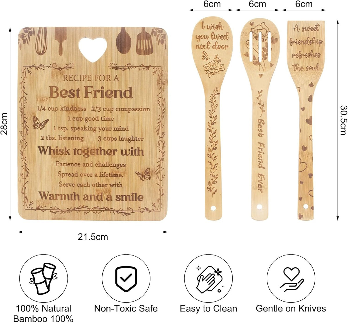 Chopping Board Set Kitchen Gift, Birthday Gifts for Sister, Unique Handmade Engraved Cutting Board with 3 Spoons