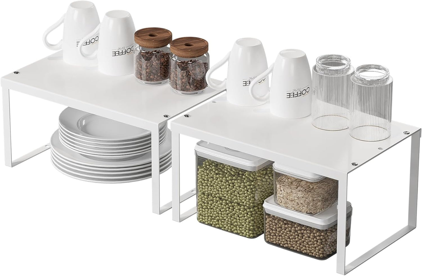 JEPEErbz Kitchen Cupboard Organiser, 2-Pack Cabinet Storage Shelf Organizer Rack, Metal Expandable Spice Holder, Stackable Storage Shelves for Cupboard, Shelf Insert, Countertop, Pantry (White)