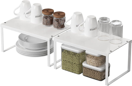 JEPEErbz Kitchen Cupboard Organiser, 2-Pack Cabinet Storage Shelf Organizer Rack, Metal Expandable Spice Holder, Stackable Storage Shelves for Cupboard, Shelf Insert, Countertop, Pantry (White)