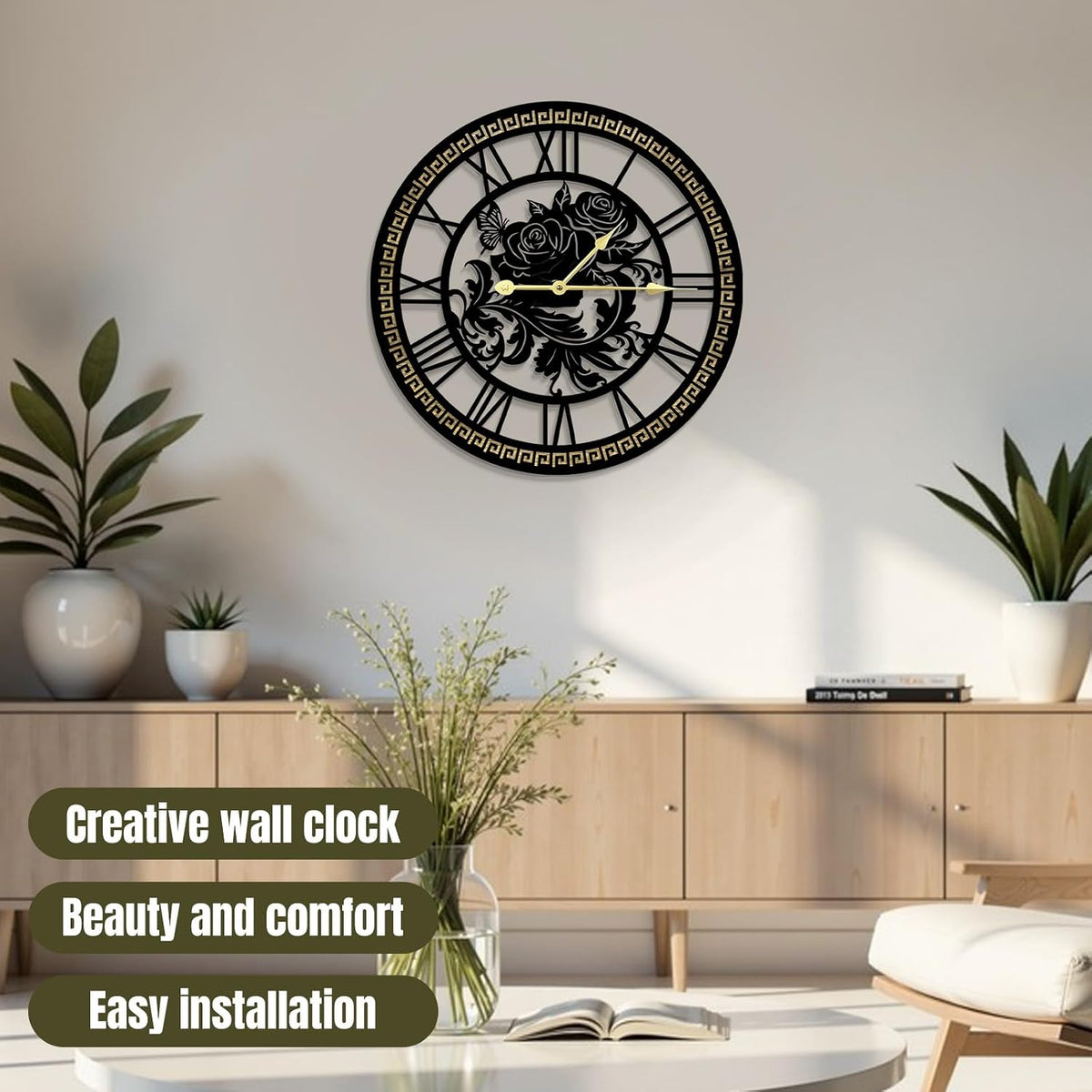 Large Wall Clock, Large Openwork Rose & Butterfly Wall Clocks, Silent Non Ticking Quartz Decorative Clock, Rust Resistant Metal Design, for Living Room, Bedroom, Kitchen