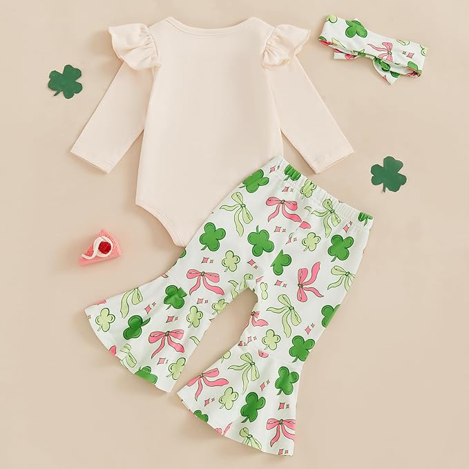 Letter Print Romper with Clover Print Flare Pants and Headband 3Pcs Set (3-6 Months)